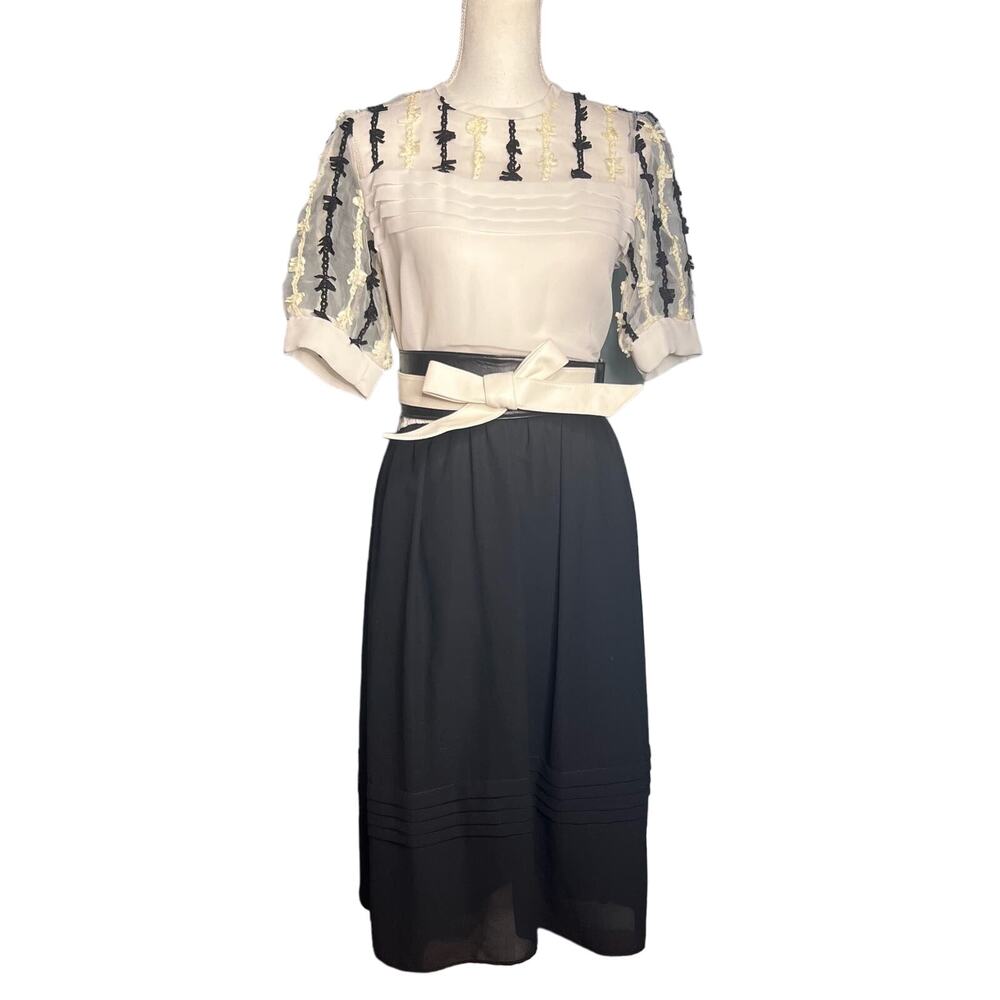 Vintage 80s Midi Dress Clement Laird for Cache Embroidered Pleated Sz Medium 7/8
